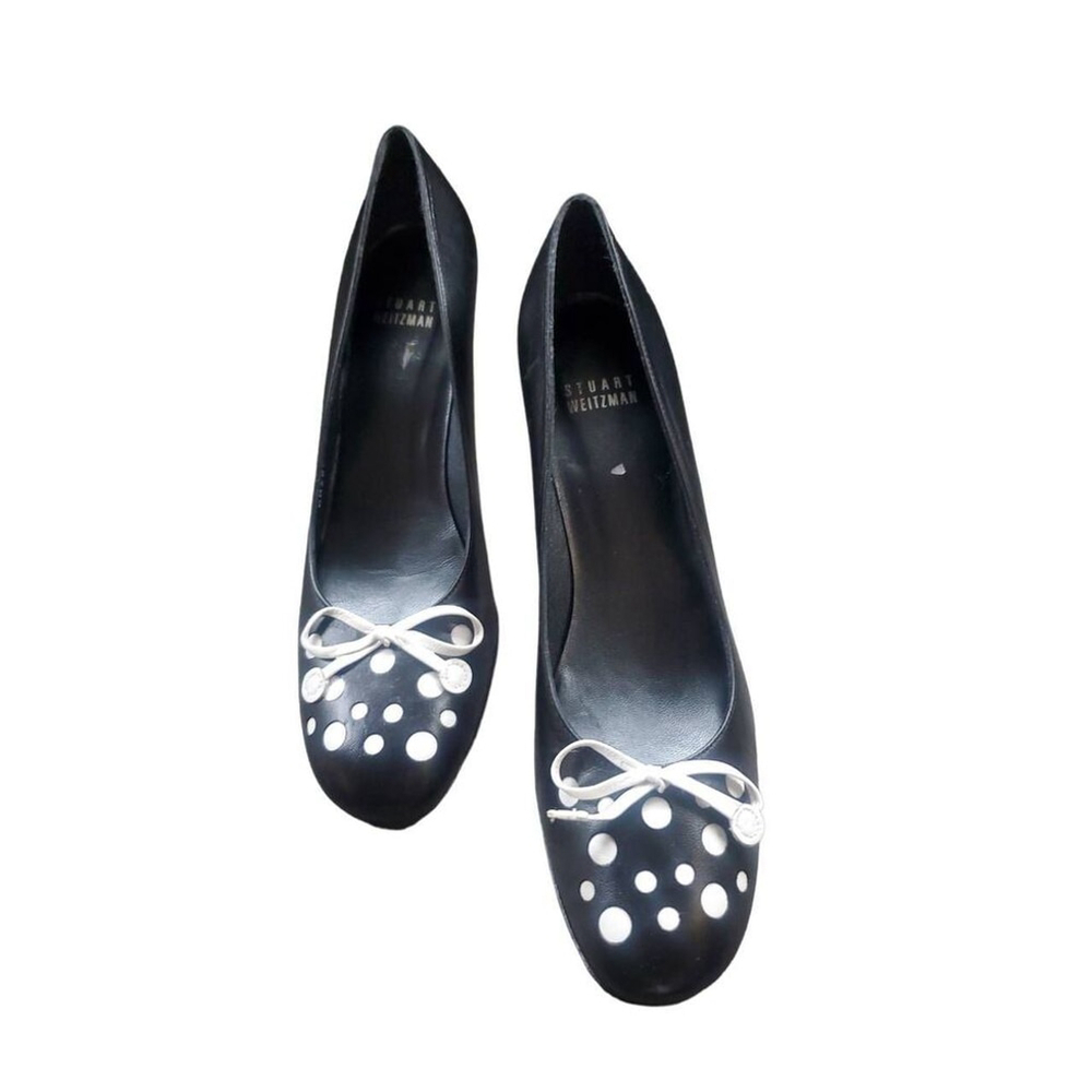 Stuart Weitzman Black Leather Heels White Polka Dots & Bow